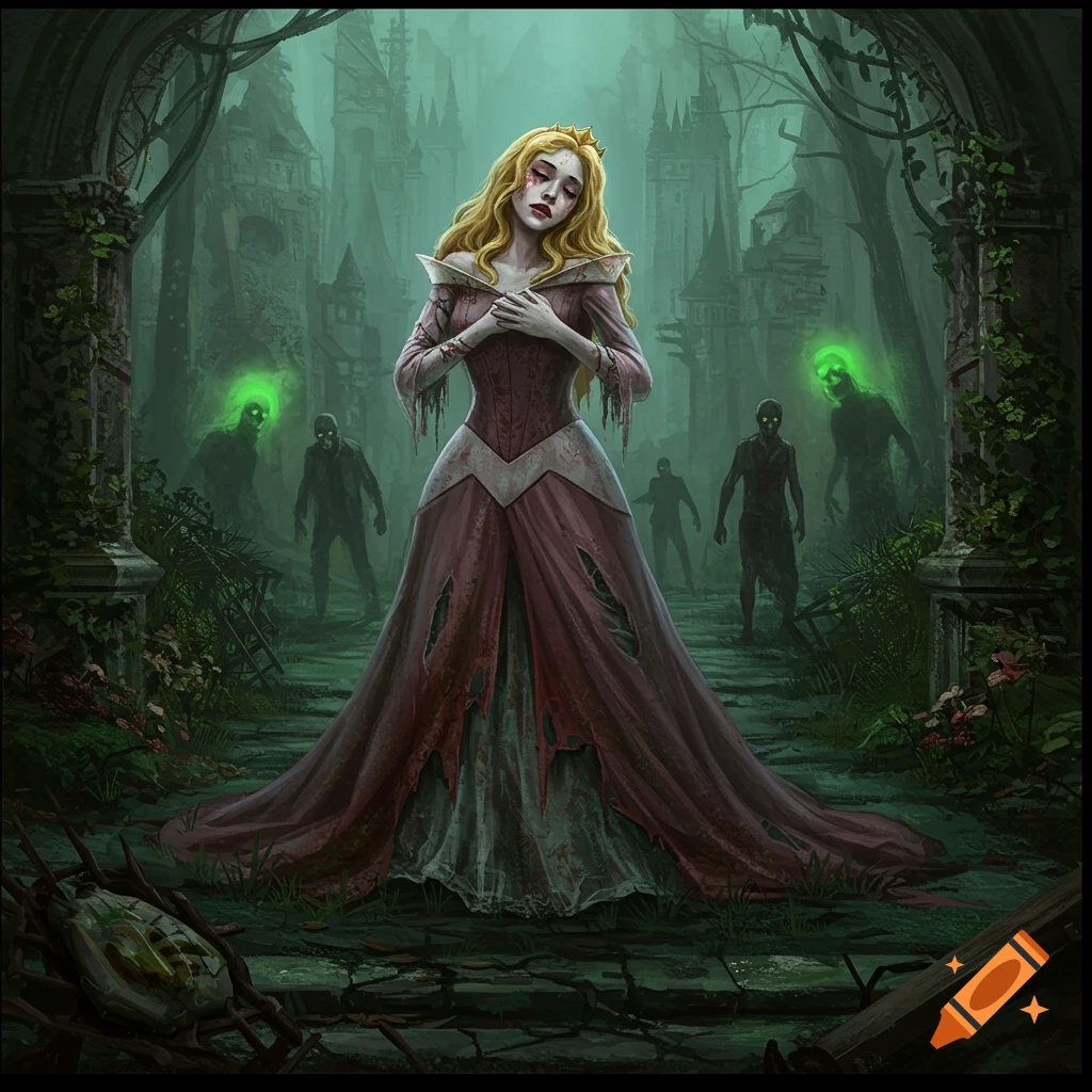 Sleeping Beauty in a torn dress in a zombie apocalypse setting.