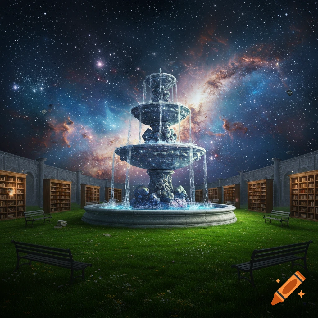 A large tiered fountain in a grassy courtyard surrounded by bookshelves and benches, under a starry sky and nebula.