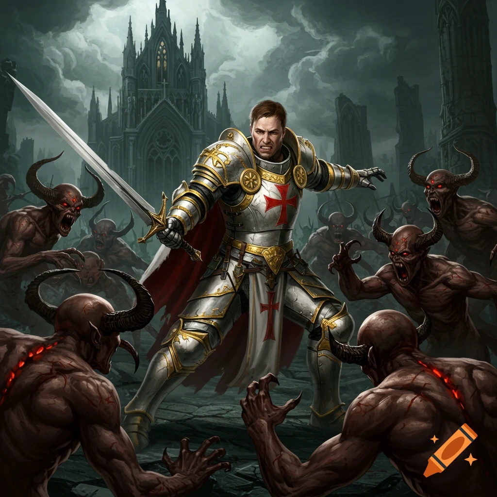 A templar knight fighting demons in front of a dark gothic cathedral.
