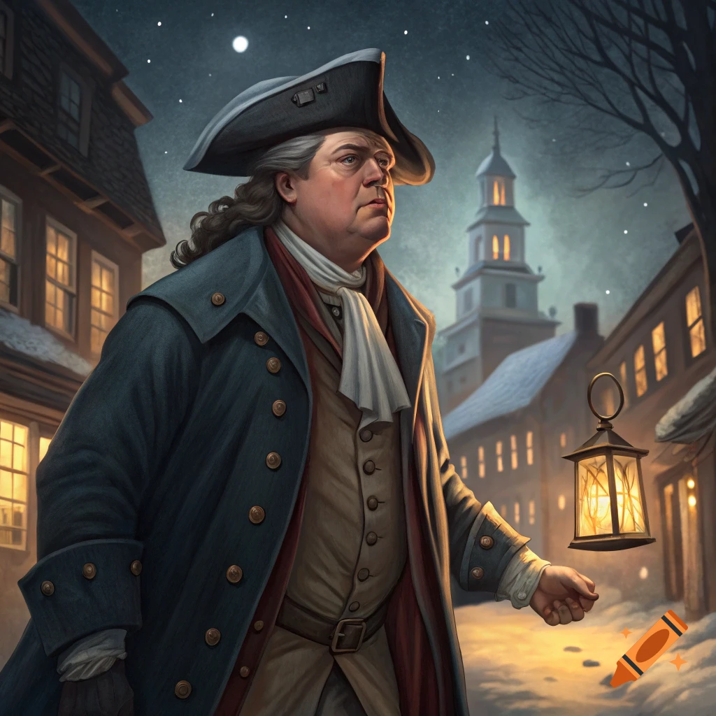 Historical figure in colonial clothing holding a lantern in a snowy town at night.