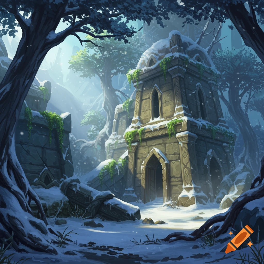 Overgrown stone ruins in a snowy fantasy forest.