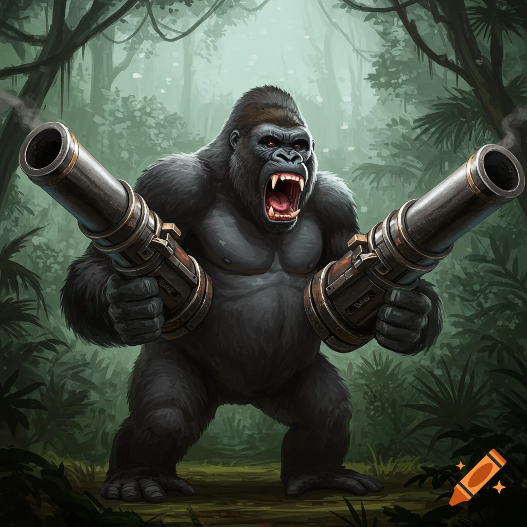 An angry gorilla with cannons instead of hands stands in a jungle.