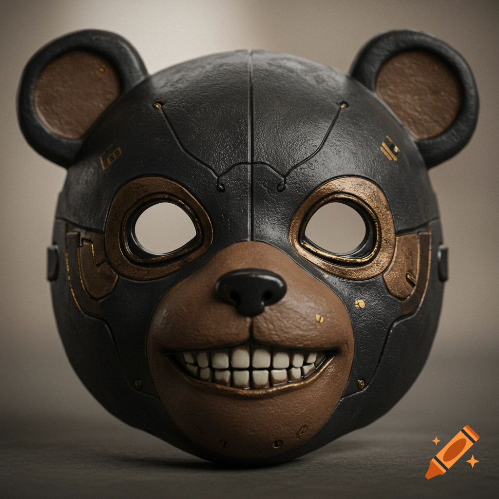 Close-up of an intricate, dark bear mask with gold mechanical details and a wide smile.
