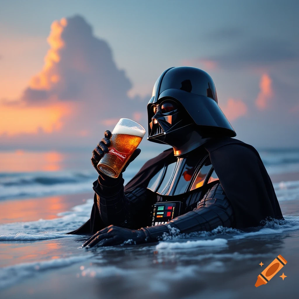 Darth Vader sits in the water on a beach at sunset, drinking a beer from a glass.