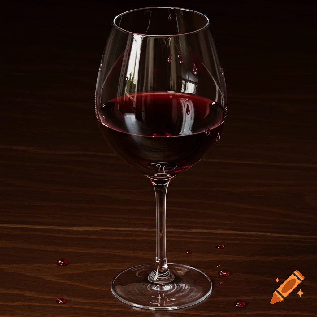 A glass of red wine with drops on a wooden table.