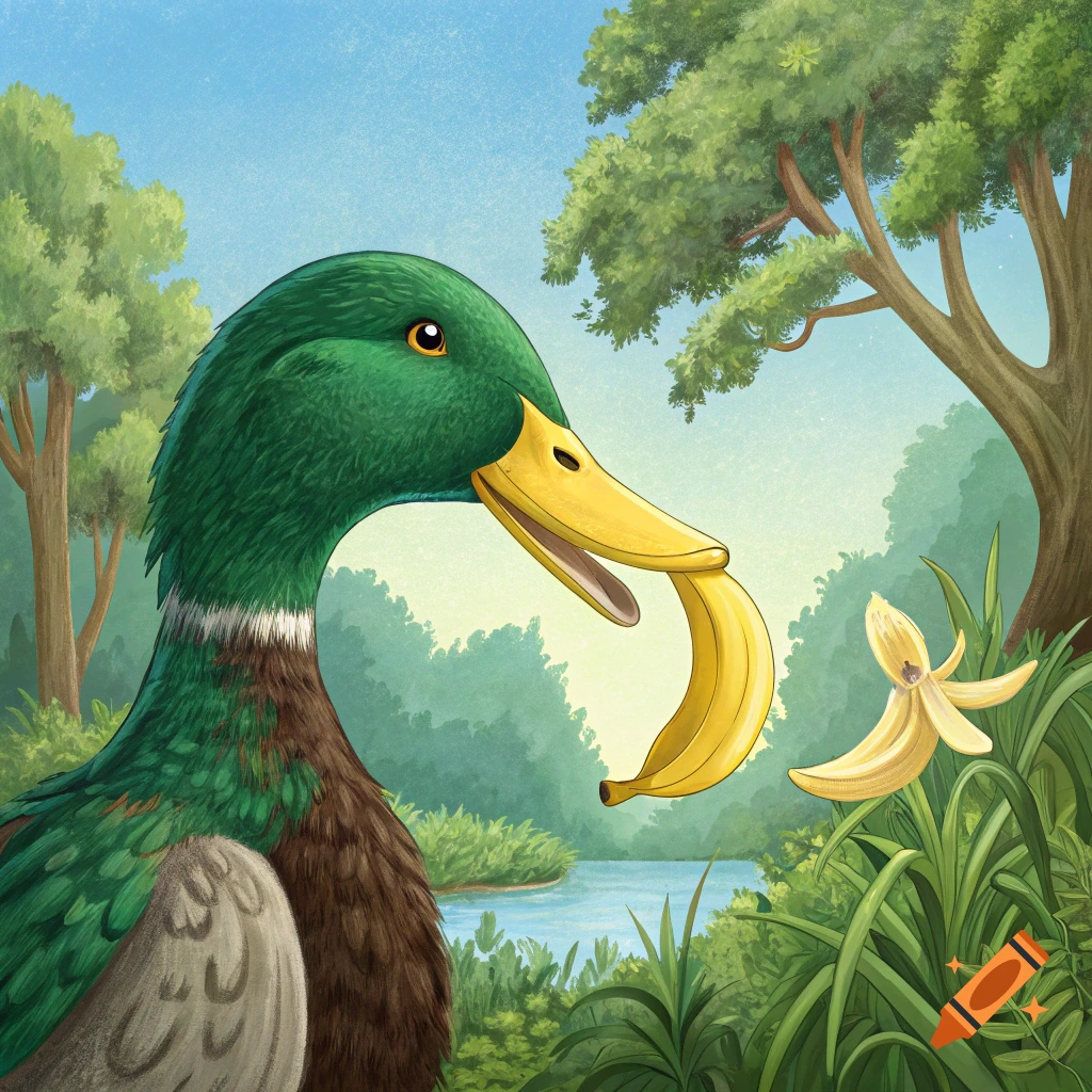 An illustration of a mallard duck holding a banana in its beak in a lush forest.