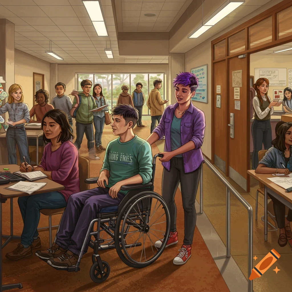 Students in a school hallway, with one student in a wheelchair being assisted. Various students stand and sit.