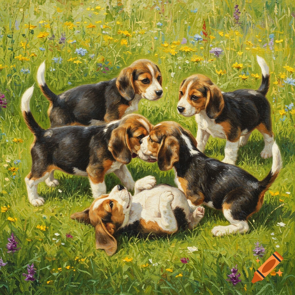 Oil painting of beagle puppies playing in a grassy field with wildflowers.