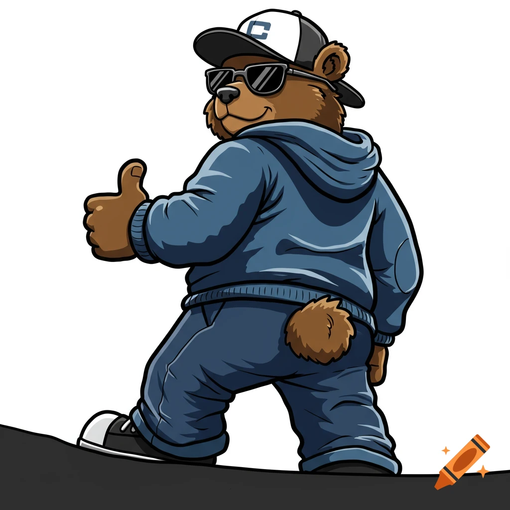 A cartoon bear wearing a baseball cap, sunglasses, and hoodie gives a thumbs up while looking back.