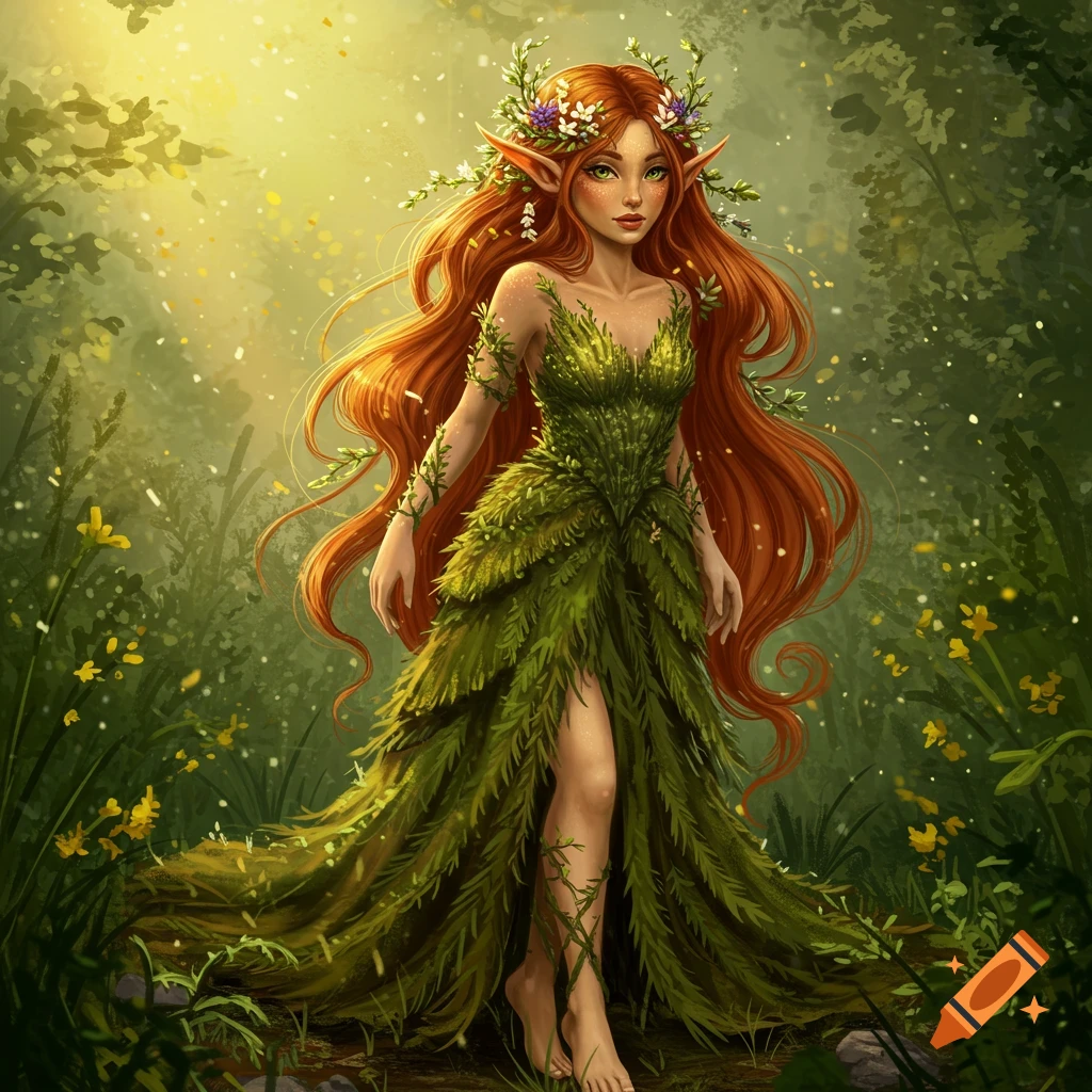 A wood nymph with red hair and a leaf dress stands in a sunlit forest.