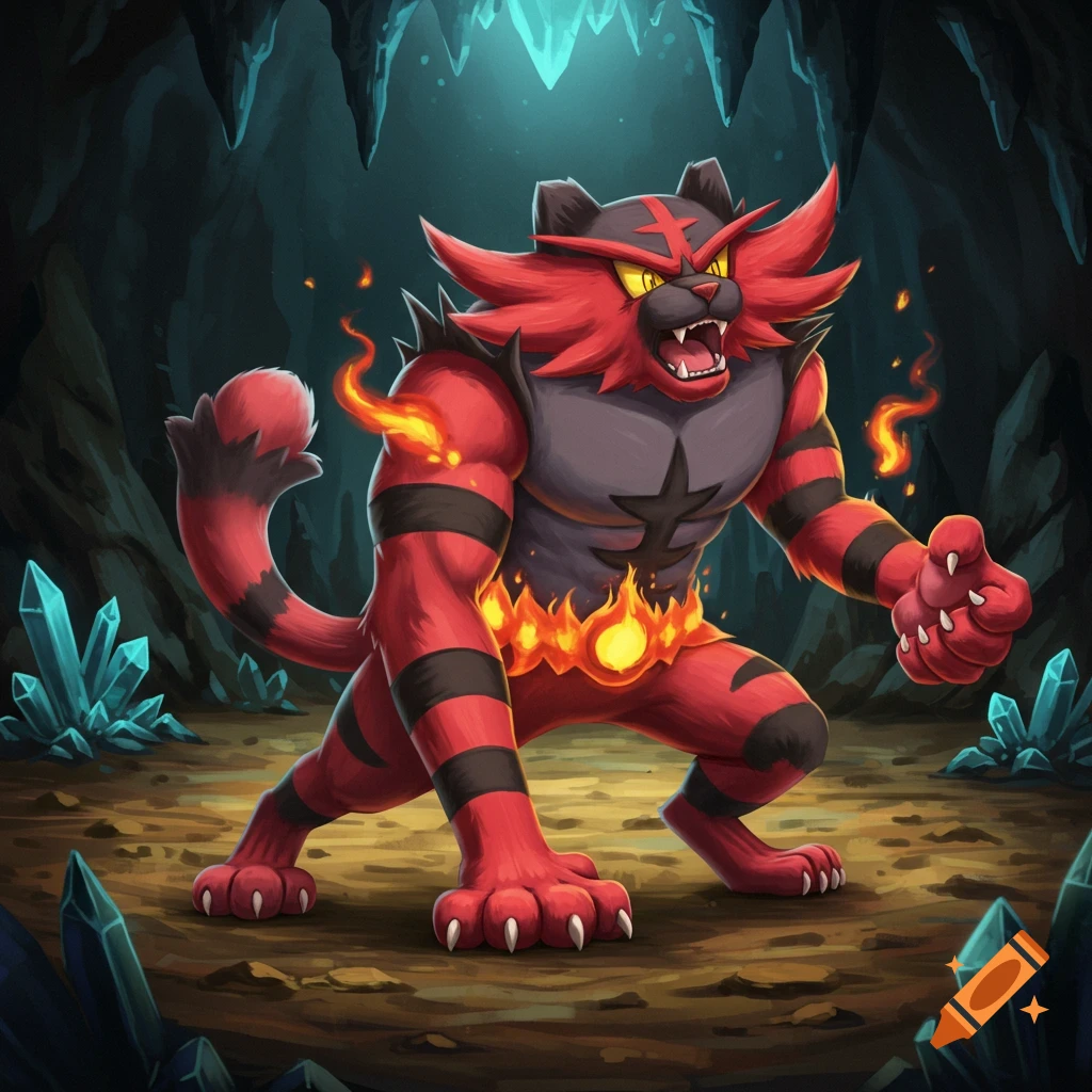 The Pokemon Incineroar is crouching in a cave.