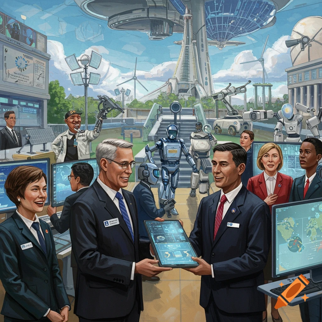 People and robots are interacting in a futuristic setting, suggesting technological collaboration.