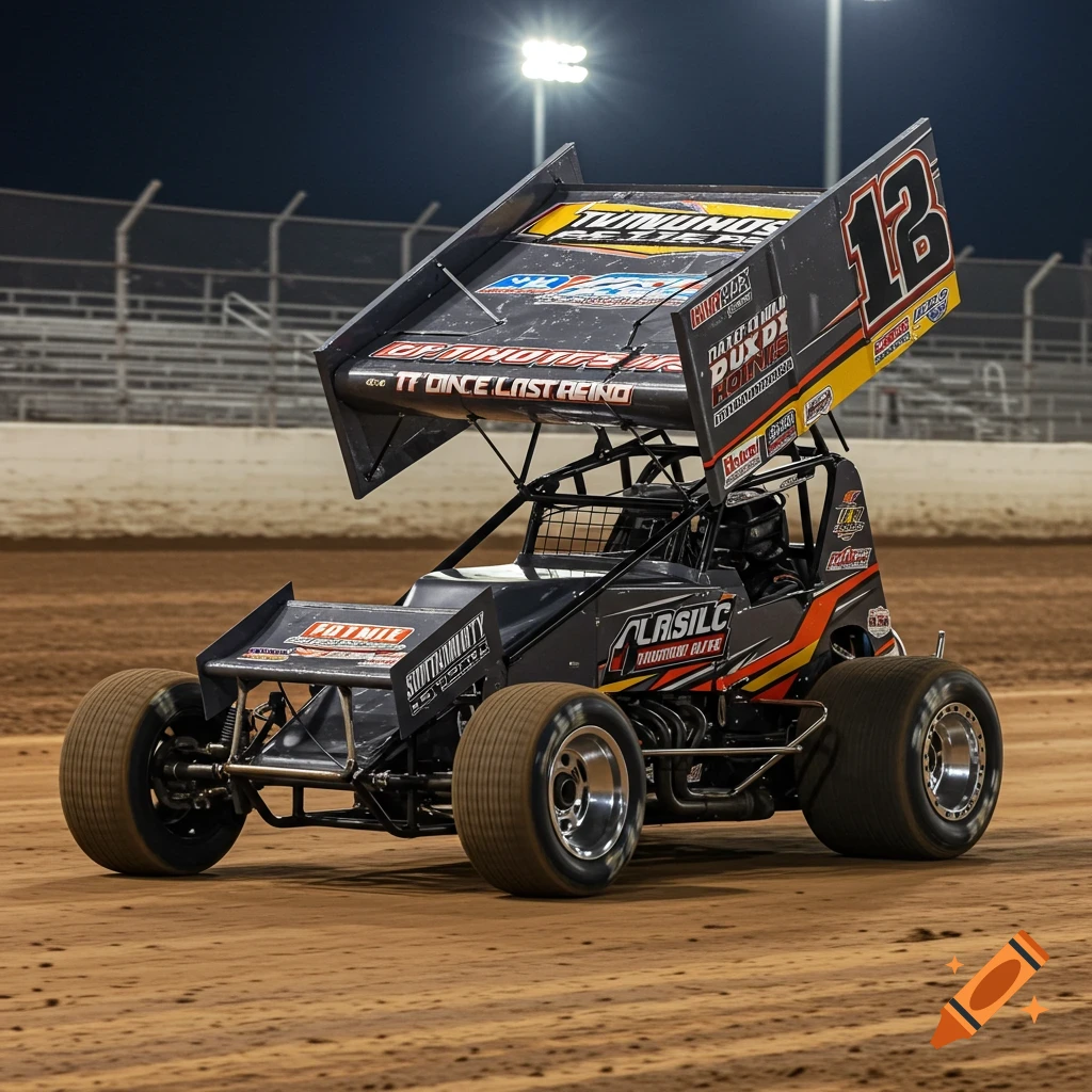 A sprint car races on a dirt track at night under bright lights.