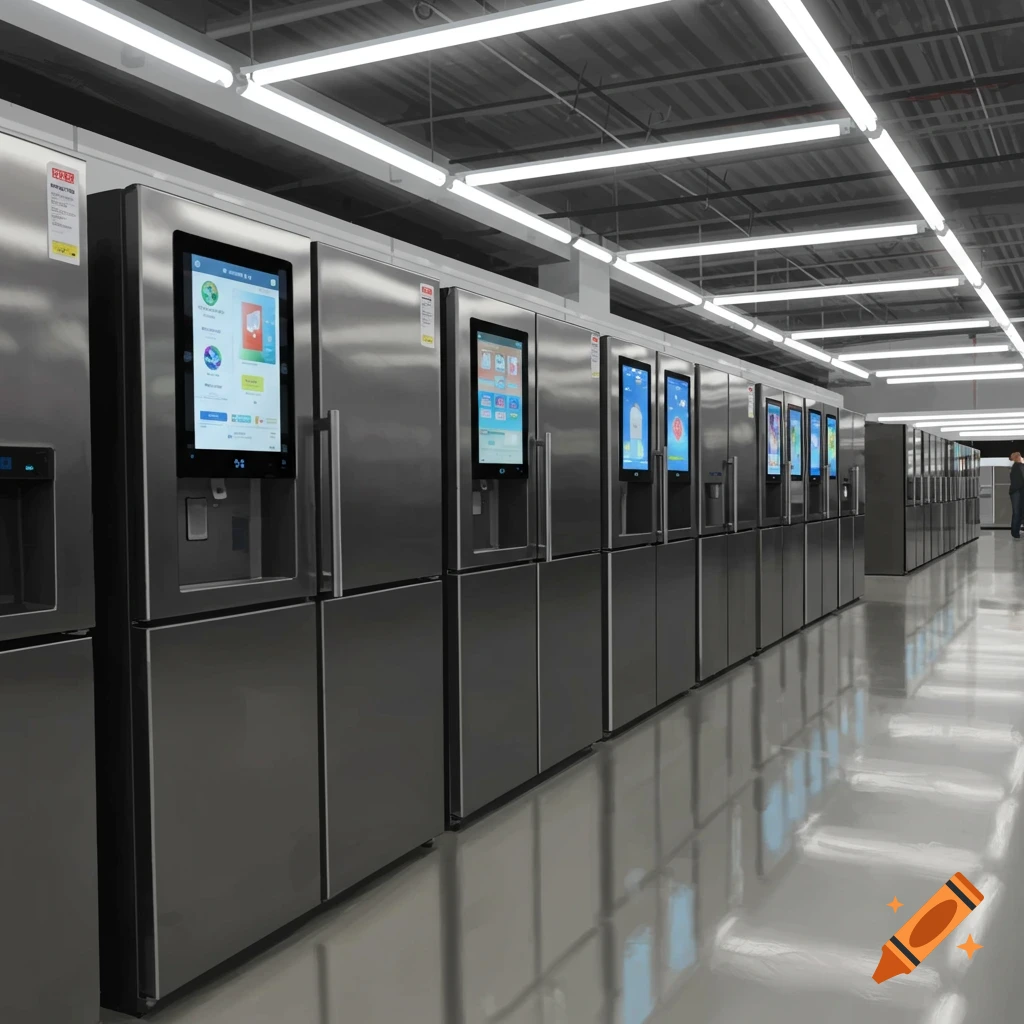 A row of smart refrigerators with touch screens in a retail store.
