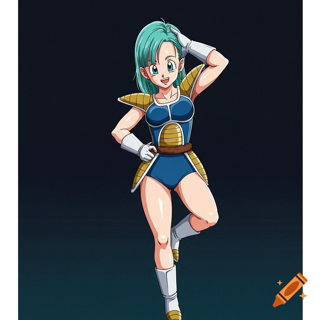 An anime illustration of Bulma from Dragon Ball in Saiyan armor posing.