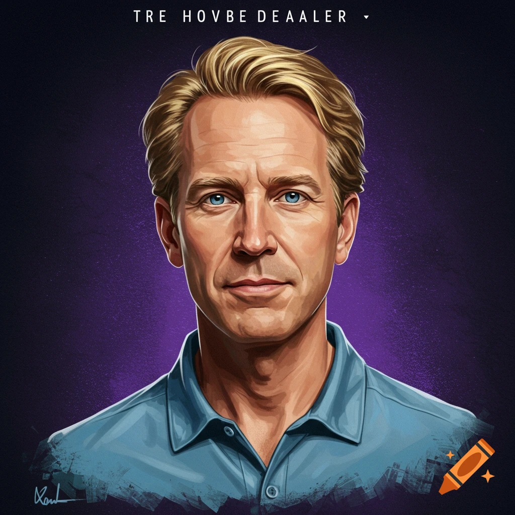 Portrait of a man with blonde hair and blue eyes, wearing a blue polo shirt, against a purple background. Text is visible at the top.