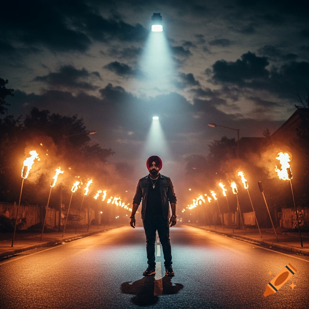 Man standing in a street at night, lit by spotlights and torches, cinematic style