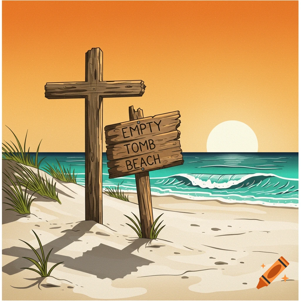 A wooden cross and a sign reading "EMPTY TOMB BEACH" stand on a beach at sunset.
