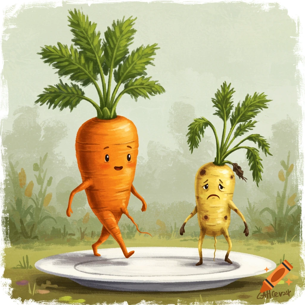 Cartoon of a happy, healthy carrot walking beside a sad, spotty carrot on a plate