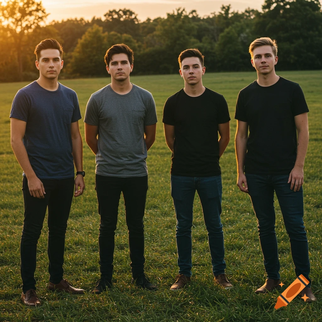 Four young men standing in a field at sunset, posing.