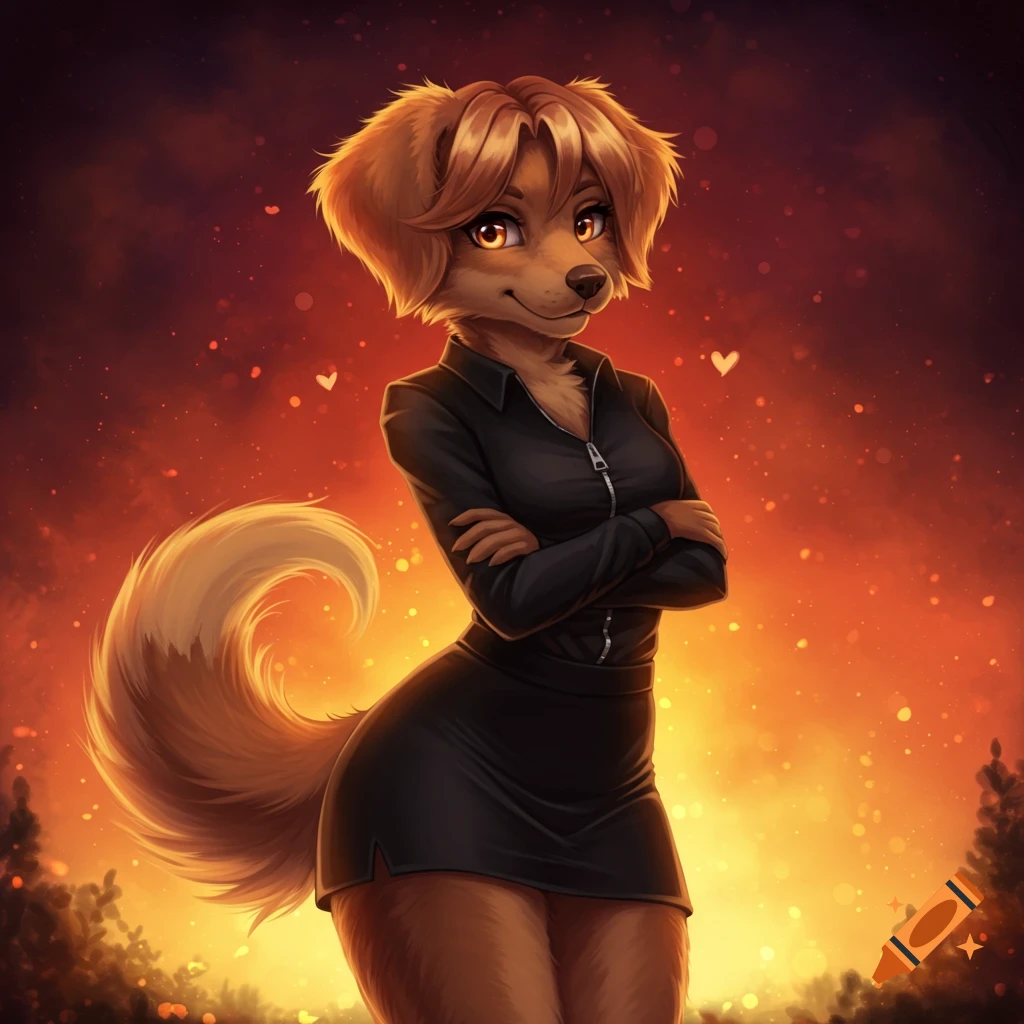 An anthropomorphic golden retriever/lab girl stands with her arms crossed, wearing a black skirt and blouse, against a fiery background.
