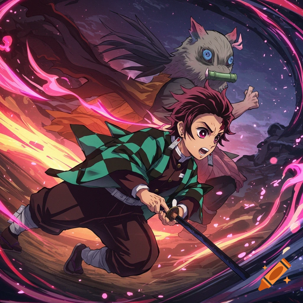 Two anime characters in action poses with swords and energy effects, inspired by Demon Slayer.