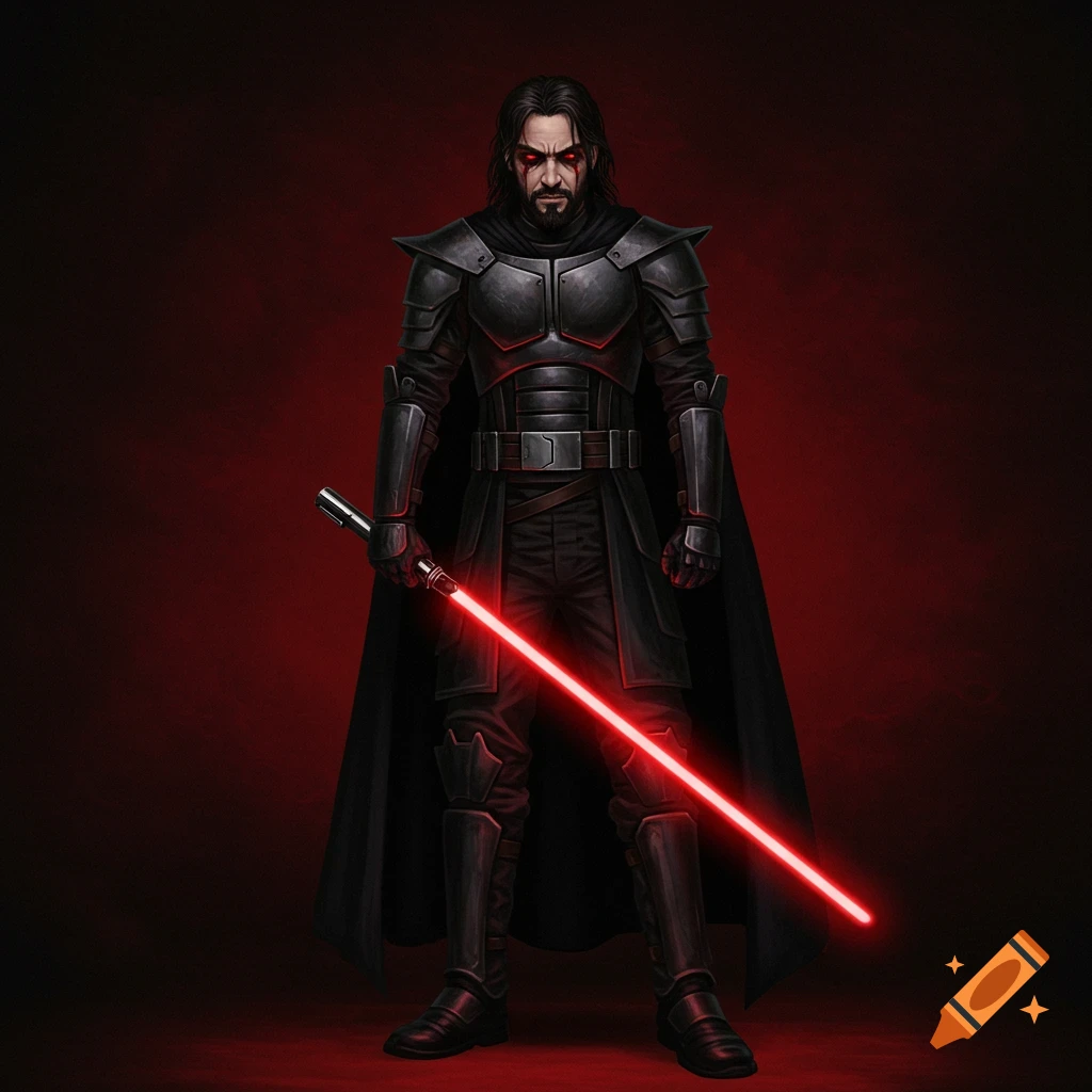 A man in dark armor and cape, with red eyes and a red lightsaber.
