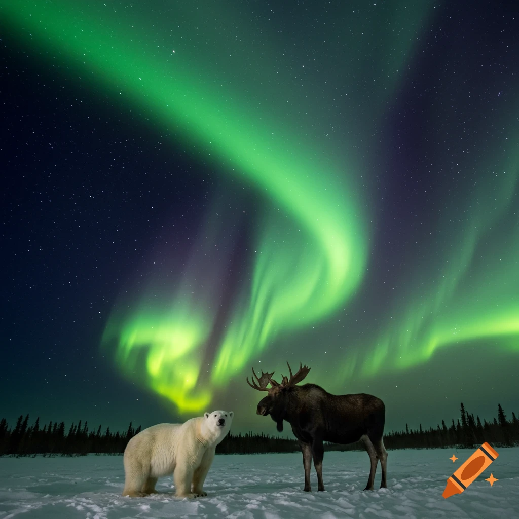 A polar bear and moose stand in a snowy field under a bright green aurora borealis.