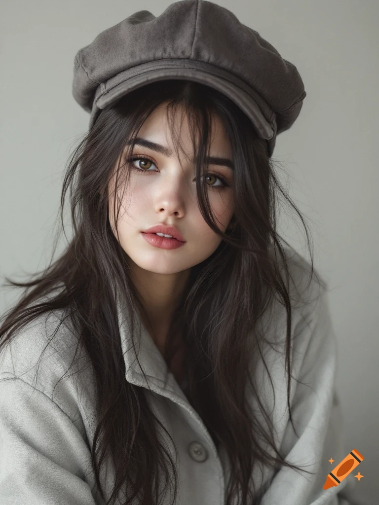 Portrait of a young woman with long dark hair and a hat, photorealistic style.