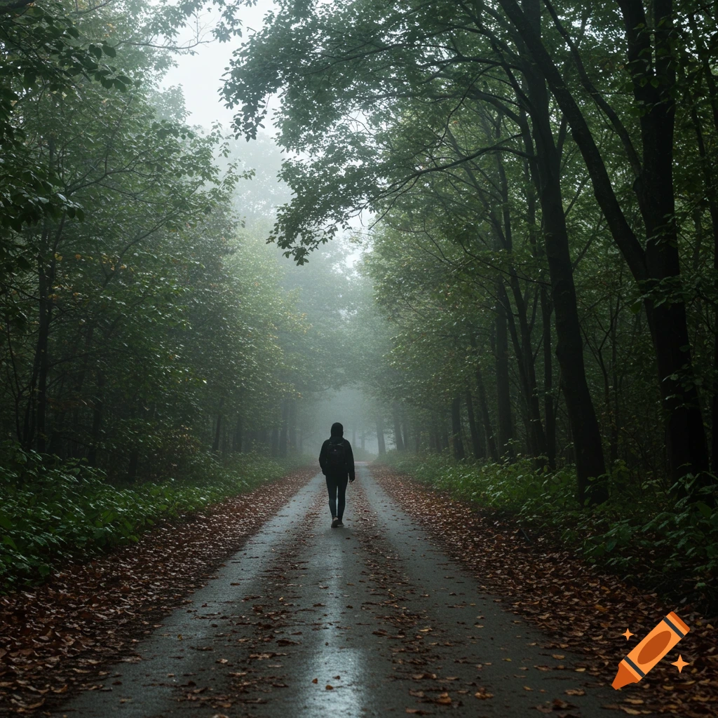 Person walking down a misty forest road.