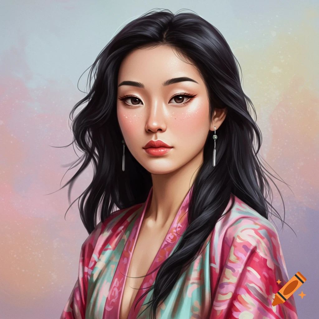 Painting of a woman with long dark hair wearing a colorful robe.