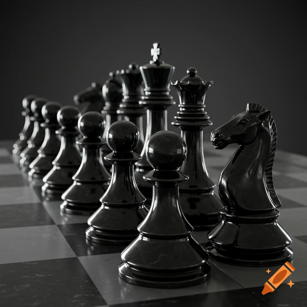 3D rendering of black chess pieces on a chessboard.