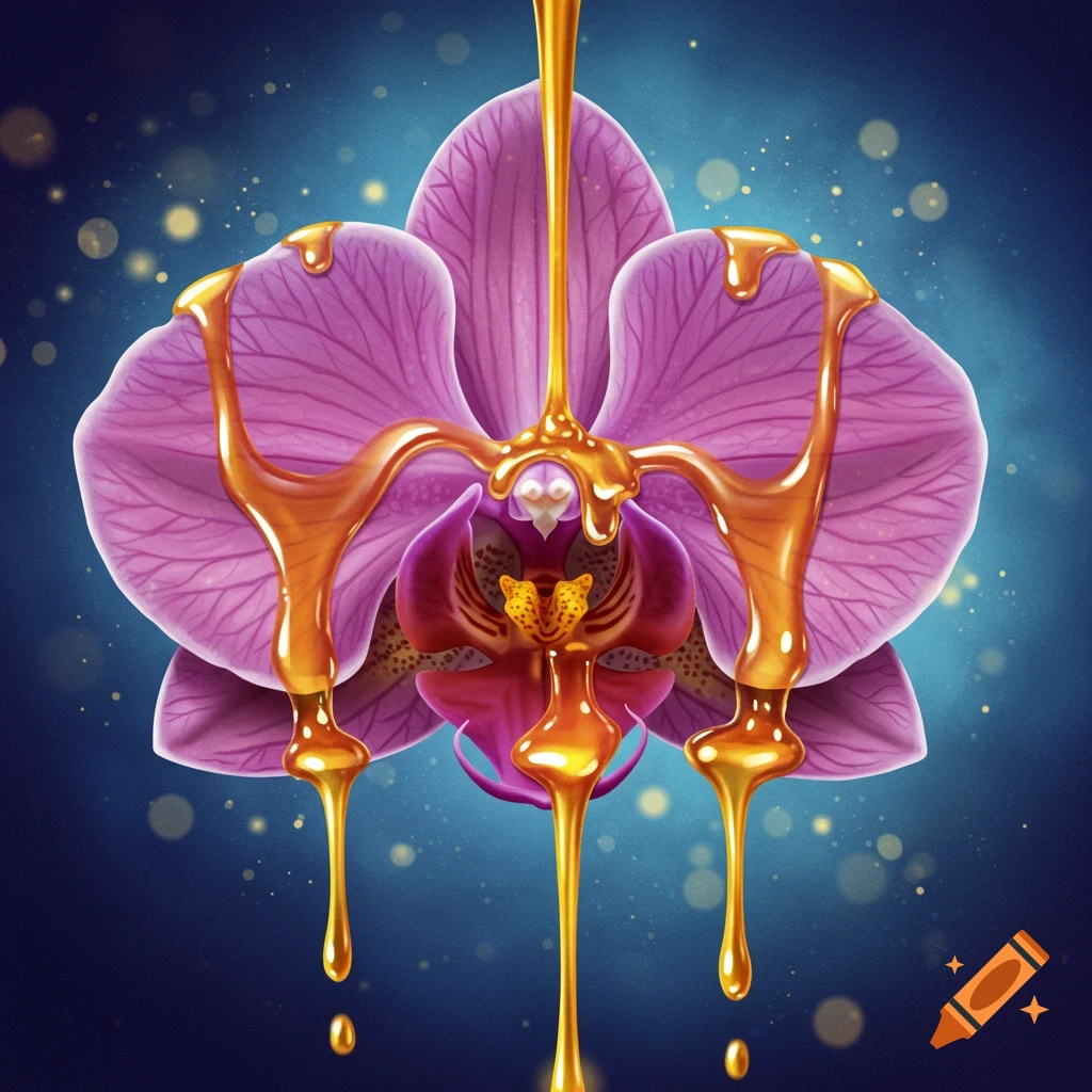 a purple orchid with dripping gold honey against a dark blue background with lights.
