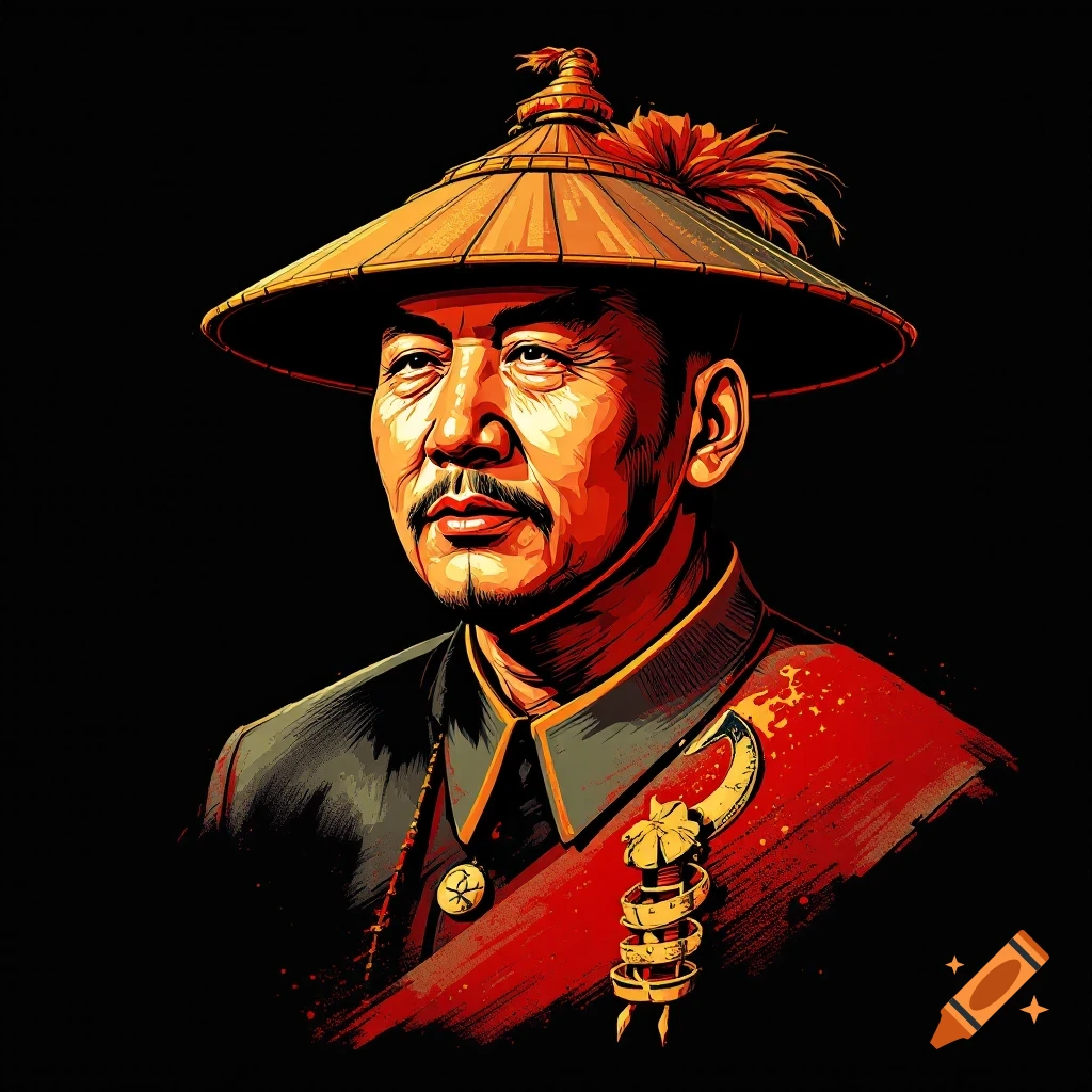 Digital portrait of a man resembling Mao Zedong in a conical hat and uniform