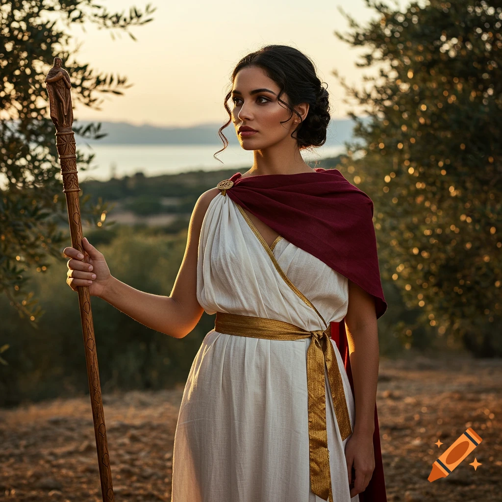 Woman in classical dress holding a staff outdoors at sunset