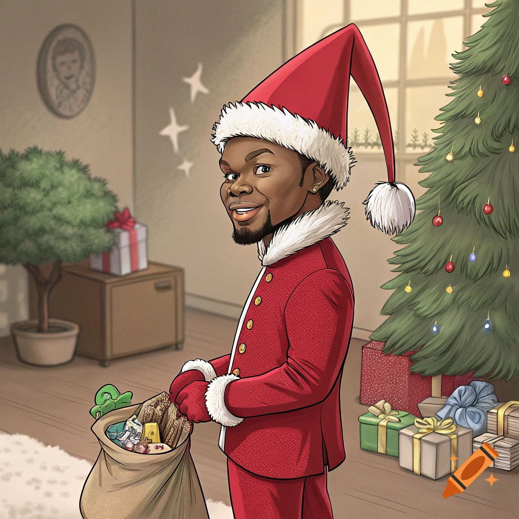 Illustrative portrait of a man in a red Santa elf costume holding a sack of presents next to a Christmas tree.