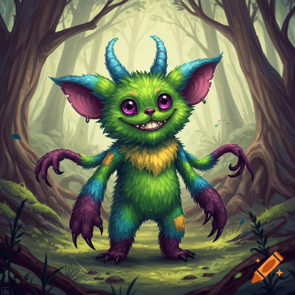 A fuzzy green fantasy creature with purple eyes and blue horns standing in a forest.