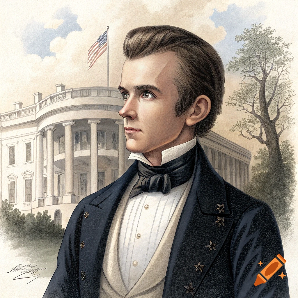 Painted portrait of a young man in historical clothing standing before the White House with an American flag.