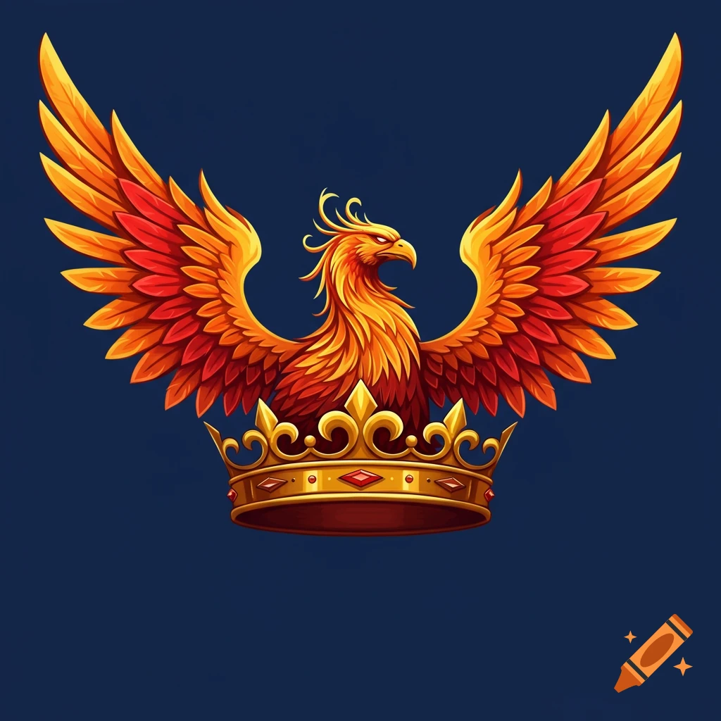 Stylized golden and red phoenix above a crown on a dark blue background.