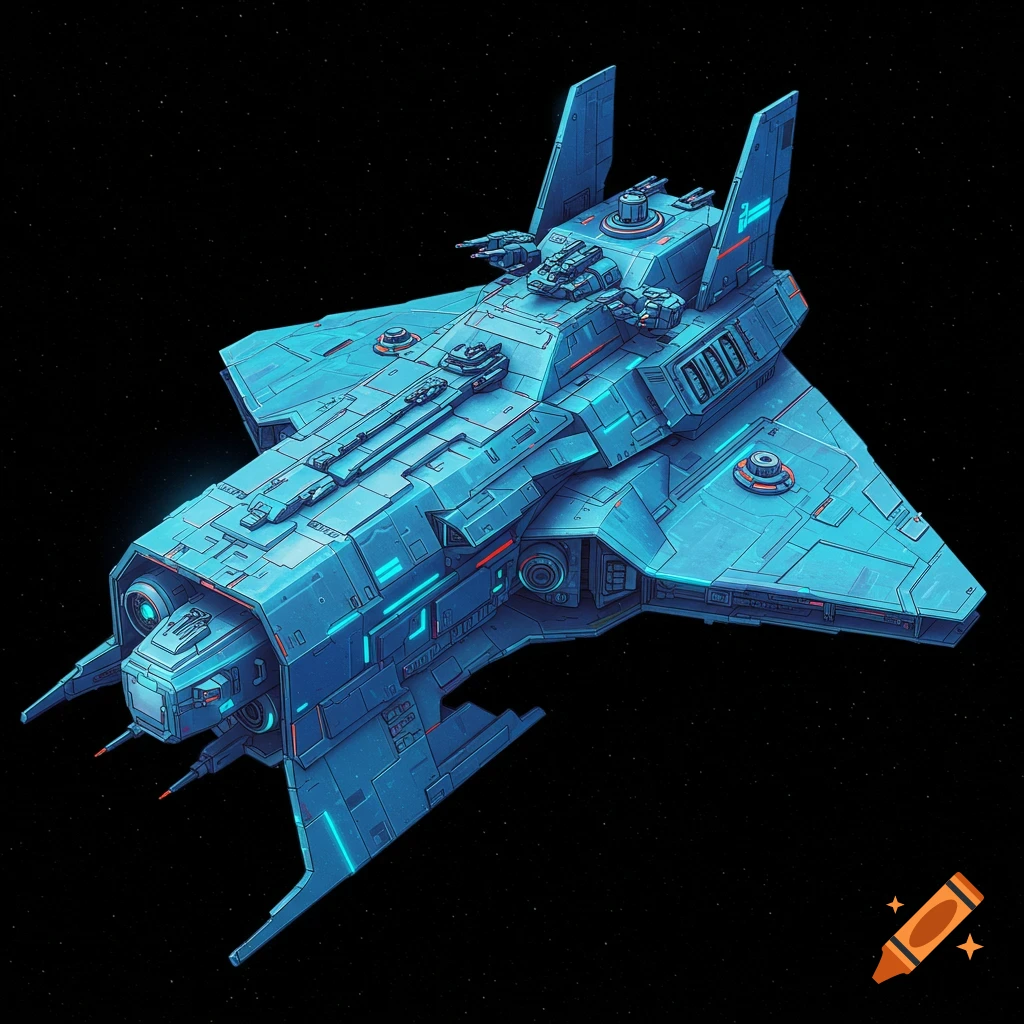 A futuristic blue spaceship flying in space.