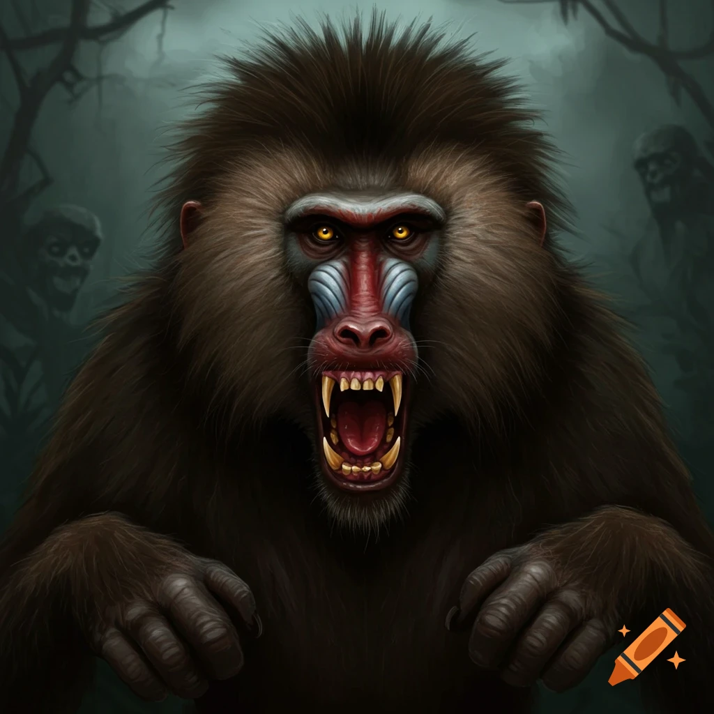 Portrait of a scary baboon with glowing yellow eyes, bared teeth, set against a dark, eerie background.