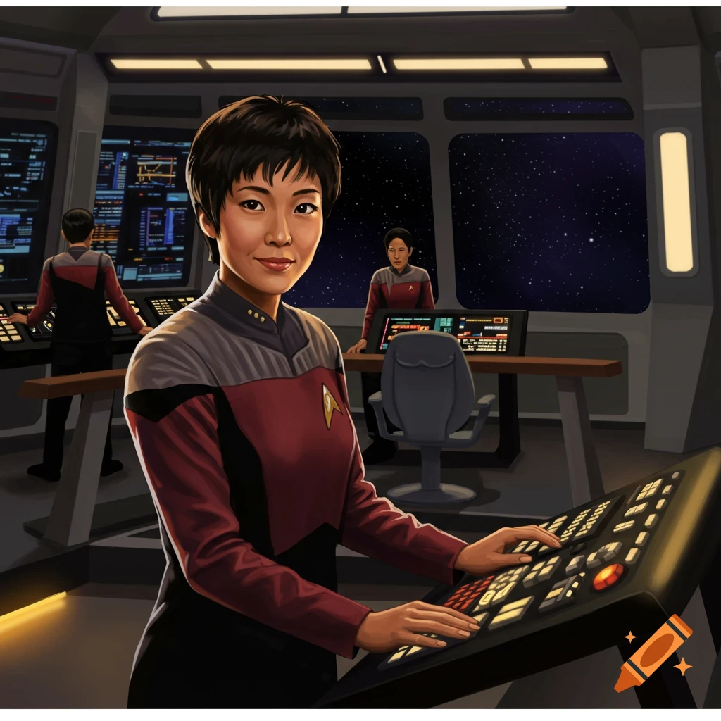 A woman in a red and grey sci-fi uniform operates controls on a spaceship bridge.