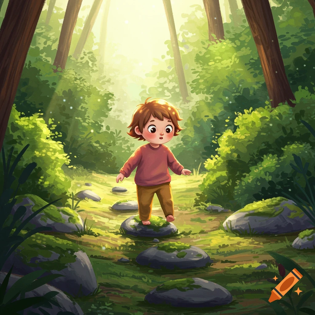 An illustration of a child walking on stones in a sunlit forest.