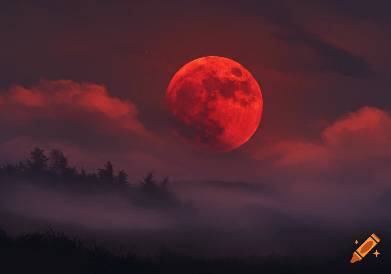 A blood red moon over a misty forest at night.