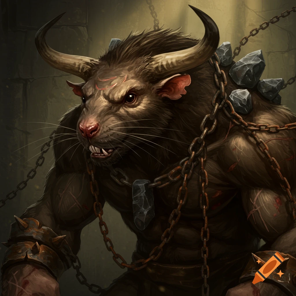 A muscular Minotaur-rat hybrid wearing chains and stones around its neck.