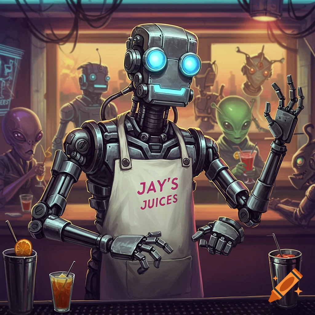 A robot bartender wearing an apron that says "Jay's Juices" serving drinks to aliens and robots in a bar.