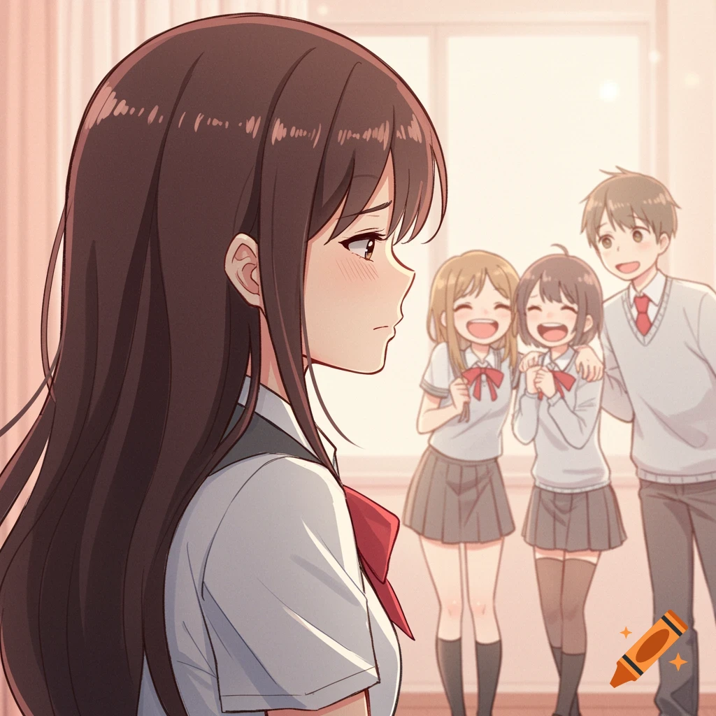 Anime illustration of a sad schoolgirl looking away from her laughing friends.