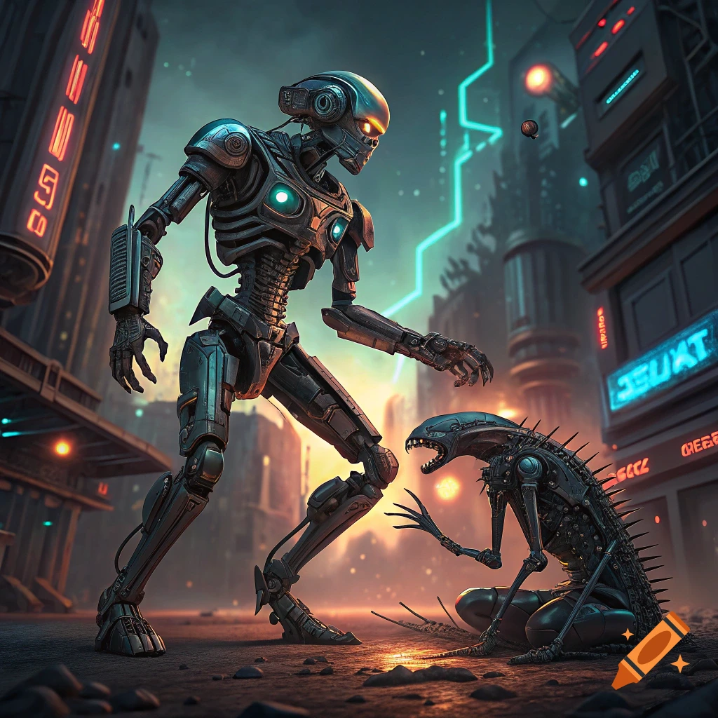 A robot stands over a kneeling alien in a futuristic city