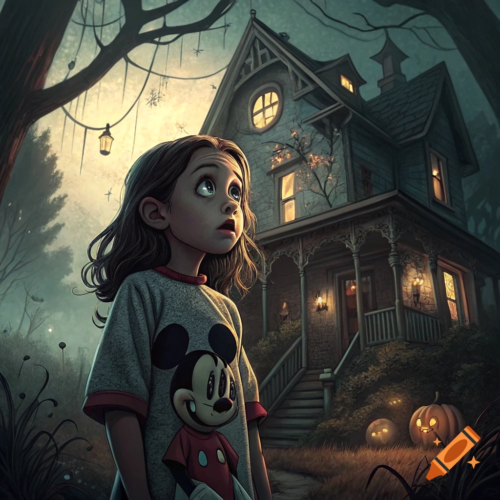 A wide-eyed young girl in a Mickey Mouse shirt stands outside a spooky house at night with glowing pumpkins.