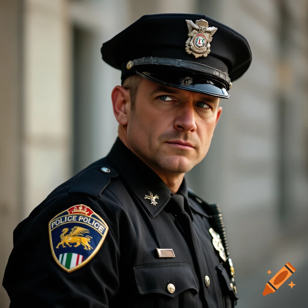 A man in a police uniform looks to the side.
